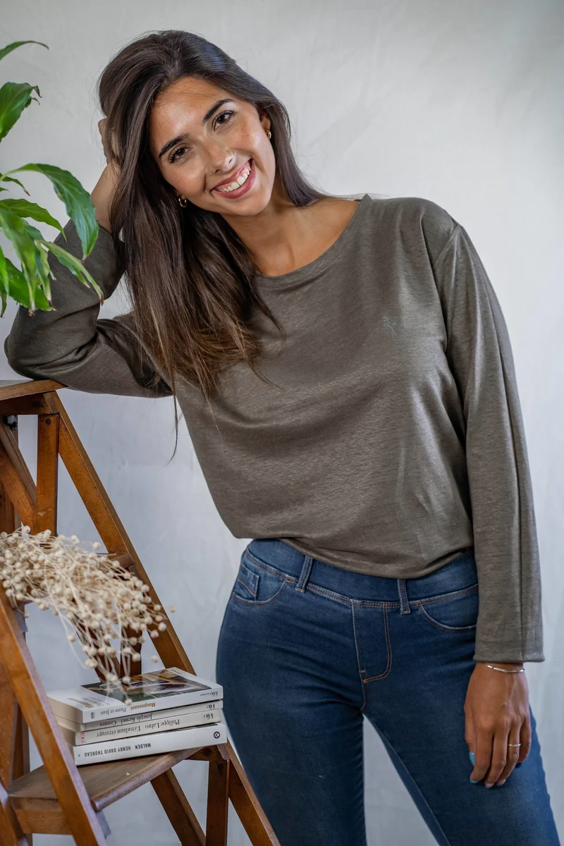 T shirt manches longues en lin bio femme - kaki
