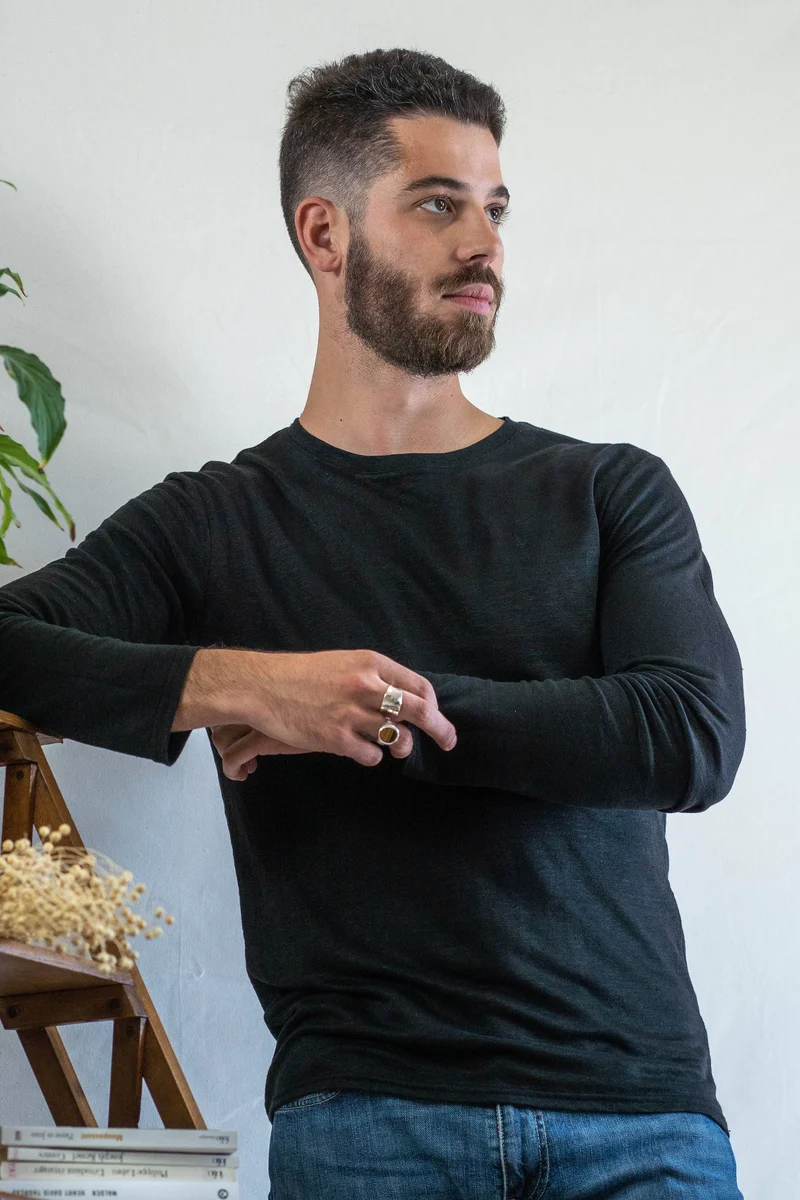 T shirt manches longues en lin bio homme - noir