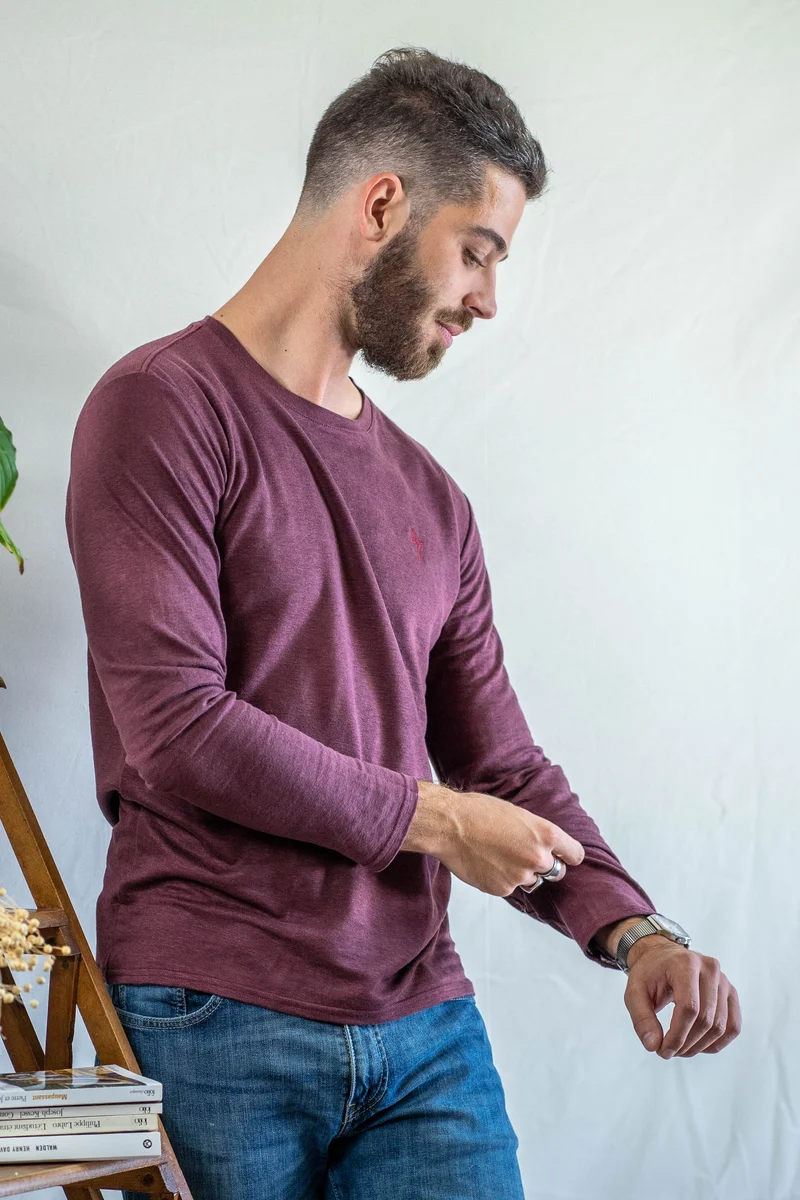 T shirt manches longues en lin bio homme - bordeaux