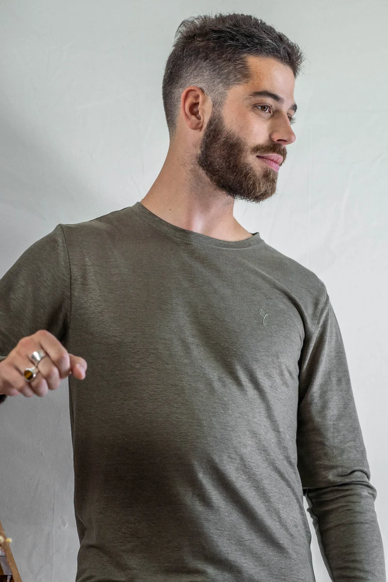 T shirt manches longues en lin bio homme - kaki