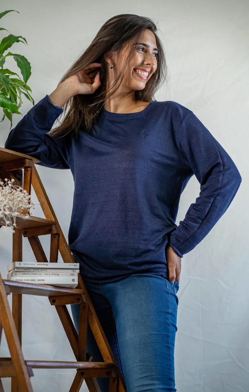T shirt manches longues en lin bio femme - bleu