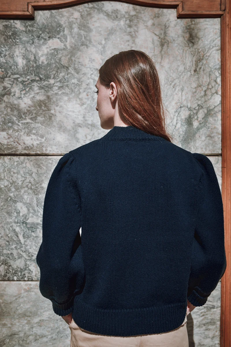 NATHALIE Puff Sleeve Sweater in Merino Wool - Navy