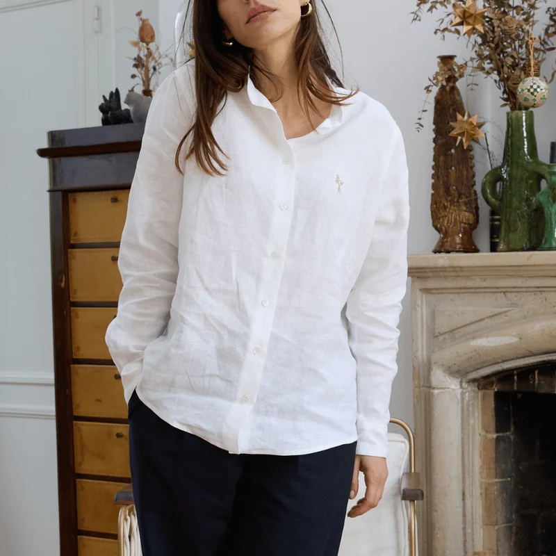 Chemise en lin col mao blanc femme