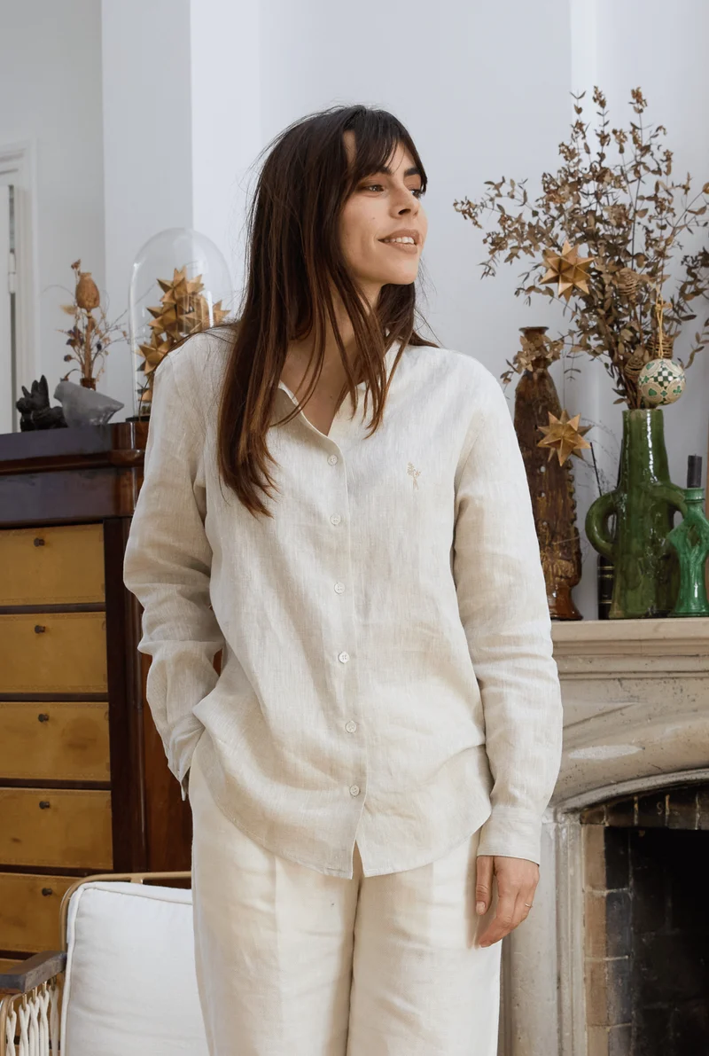 Chemise en lin col mao beige femme