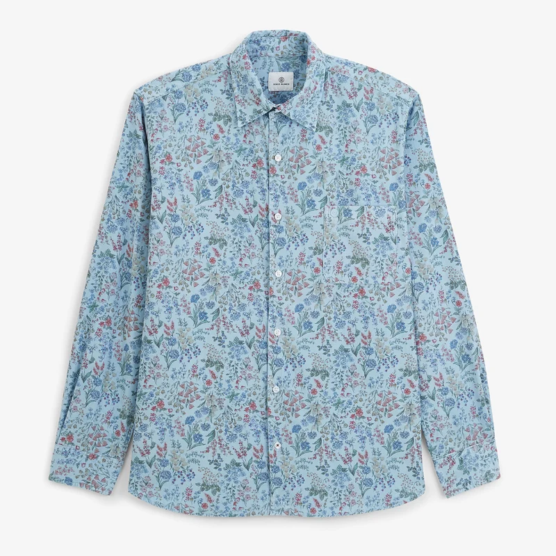 Chemise manches longues velours côtelé floral bleu