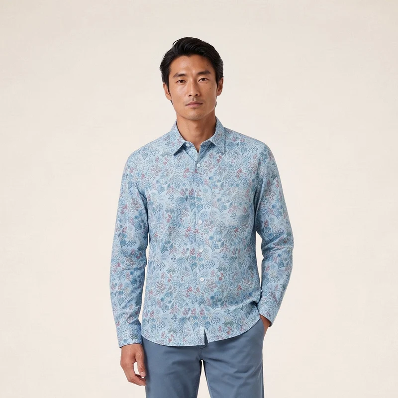 Chemise manches longues velours côtelé floral bleu