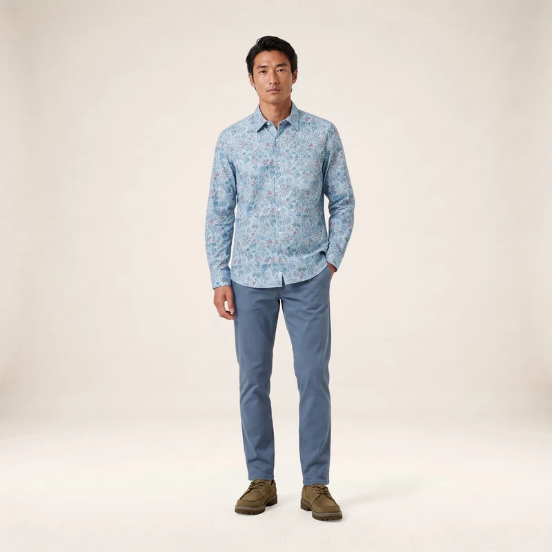 Chemise manches longues velours côtelé floral bleu
