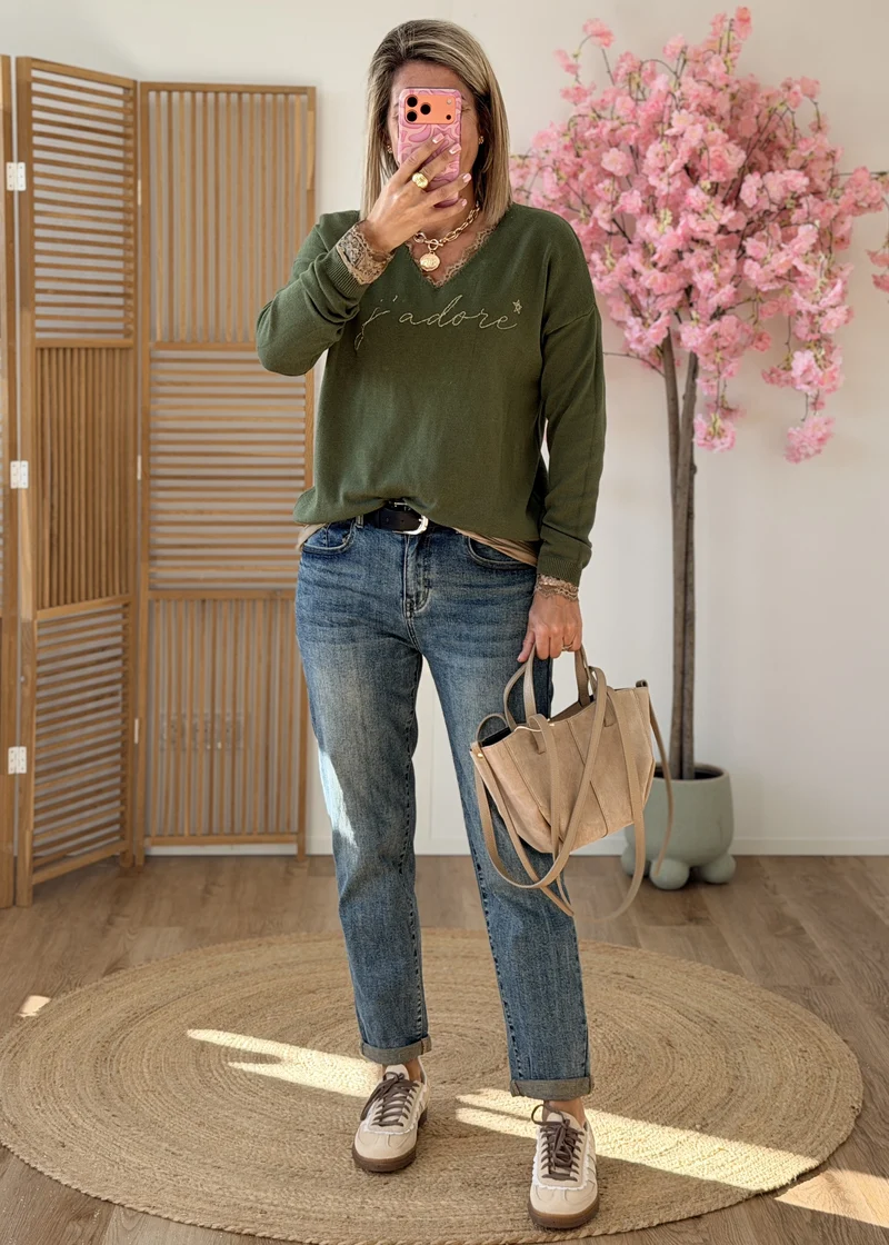 Pull Col V J'adore – Taille Unique