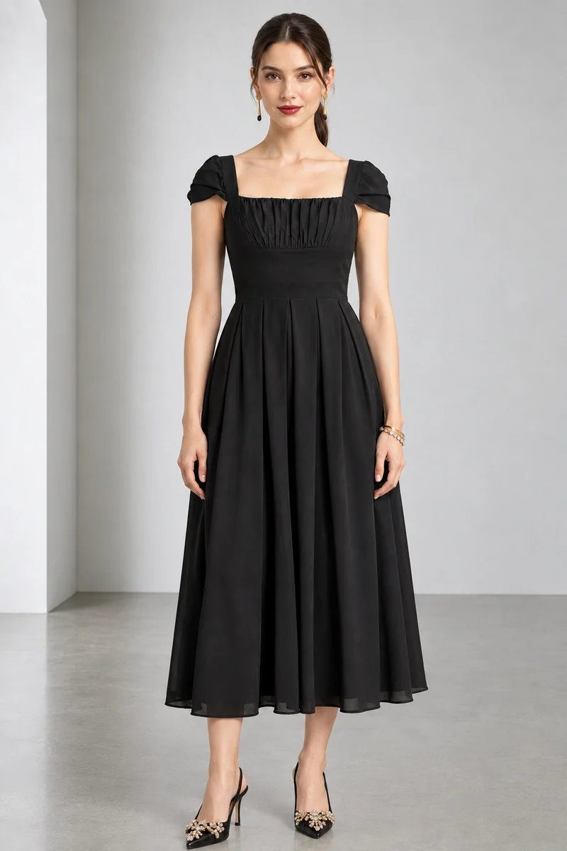 Lucera|Viscose Gathered Bust Midi Dress