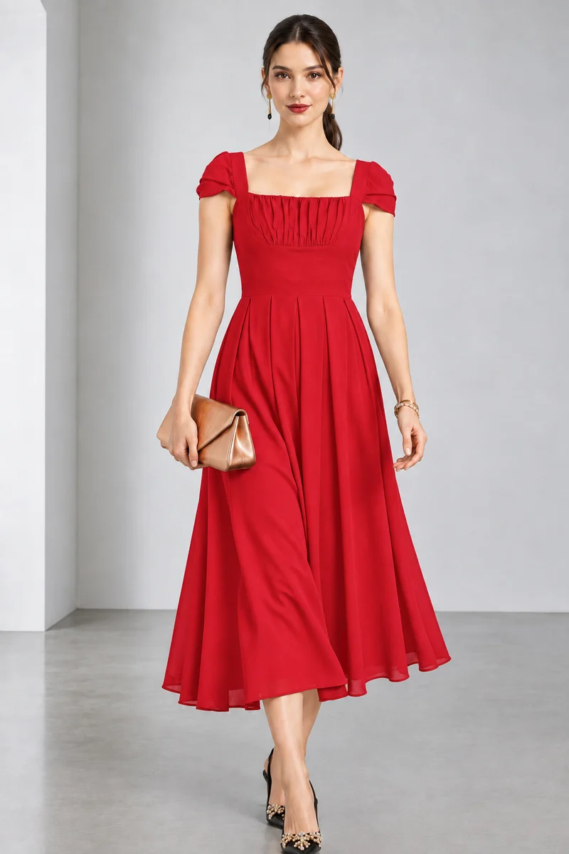 Lesky|Viscose Gathered Bust Midi Dress