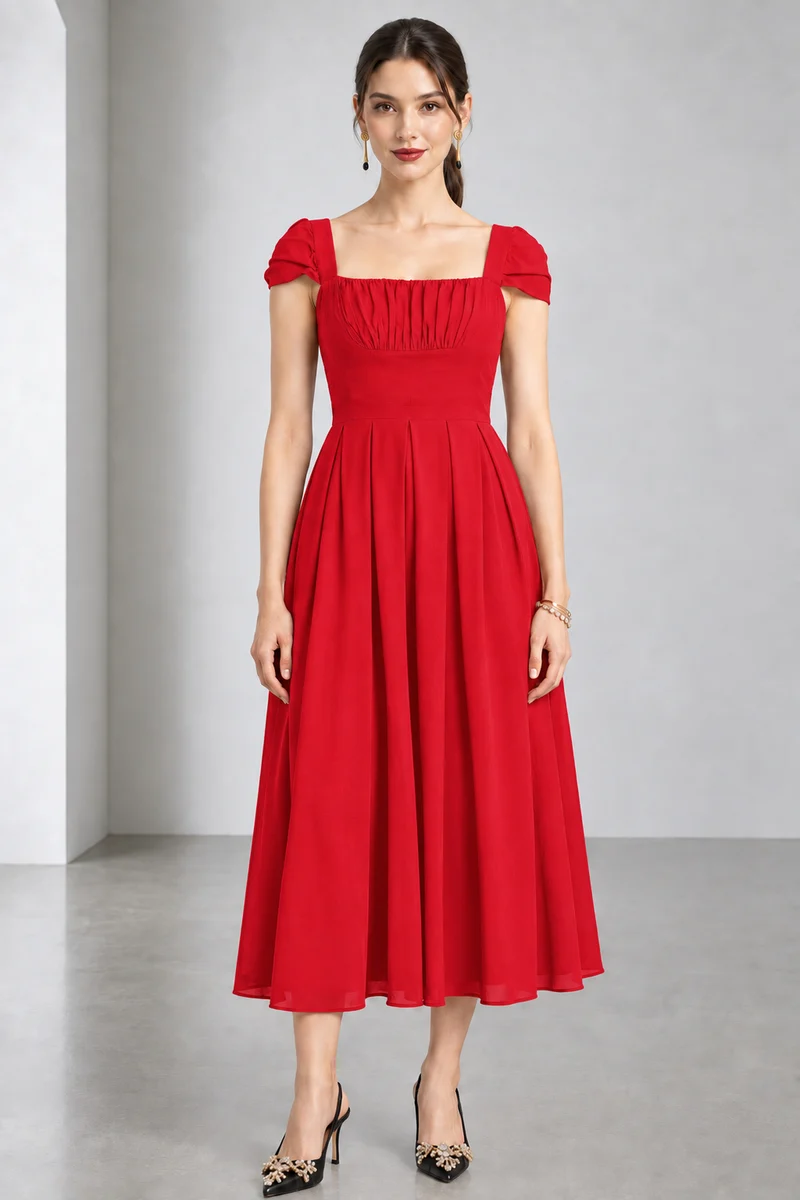 Lesky|Viscose Gathered Bust Midi Dress