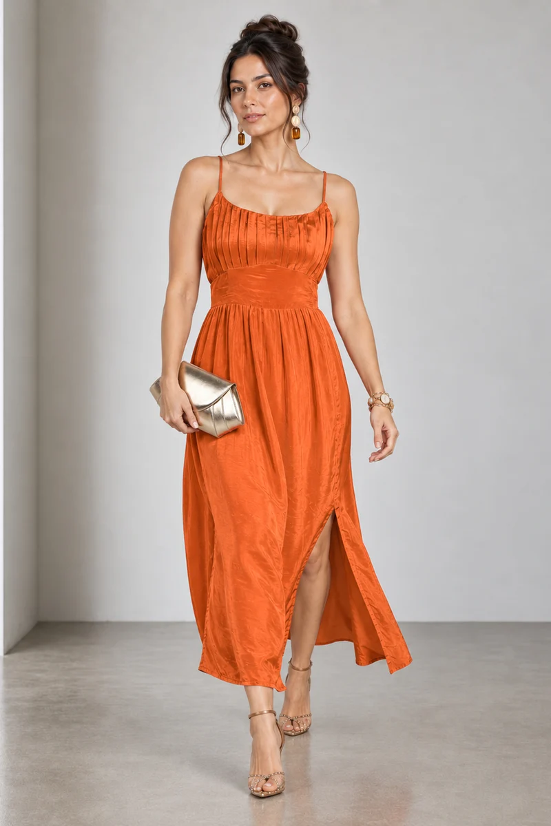 Nerelle|Viscose Ruched Strappy Midi Dress With Slit