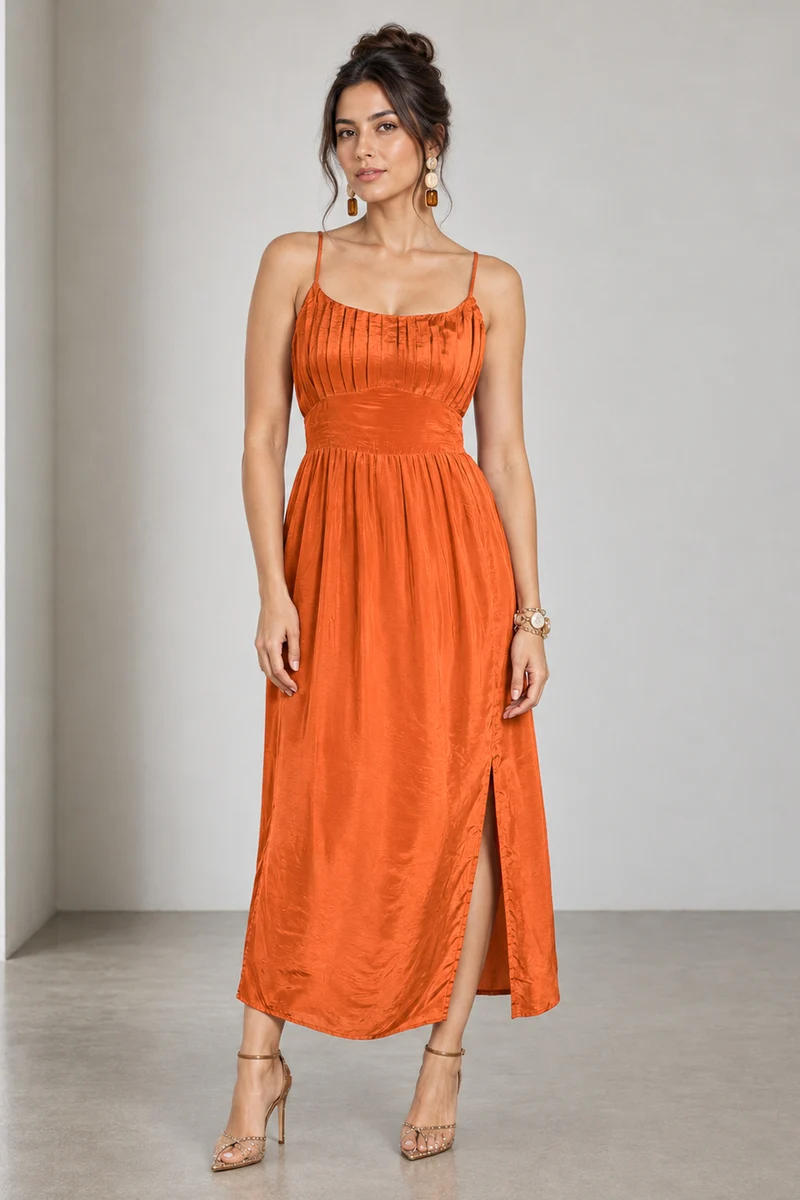 Nerelle|Viscose Ruched Strappy Midi Dress With Slit