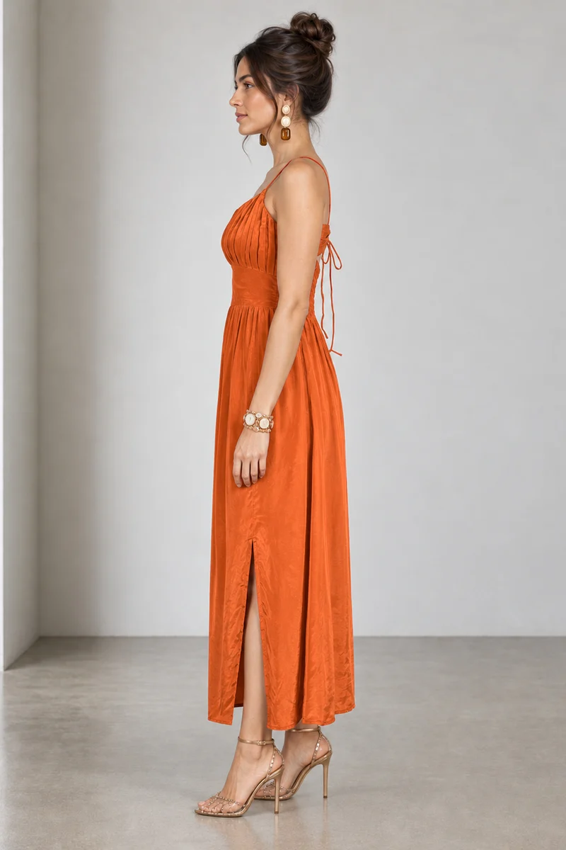 Nerelle|Viscose Ruched Strappy Midi Dress With Slit