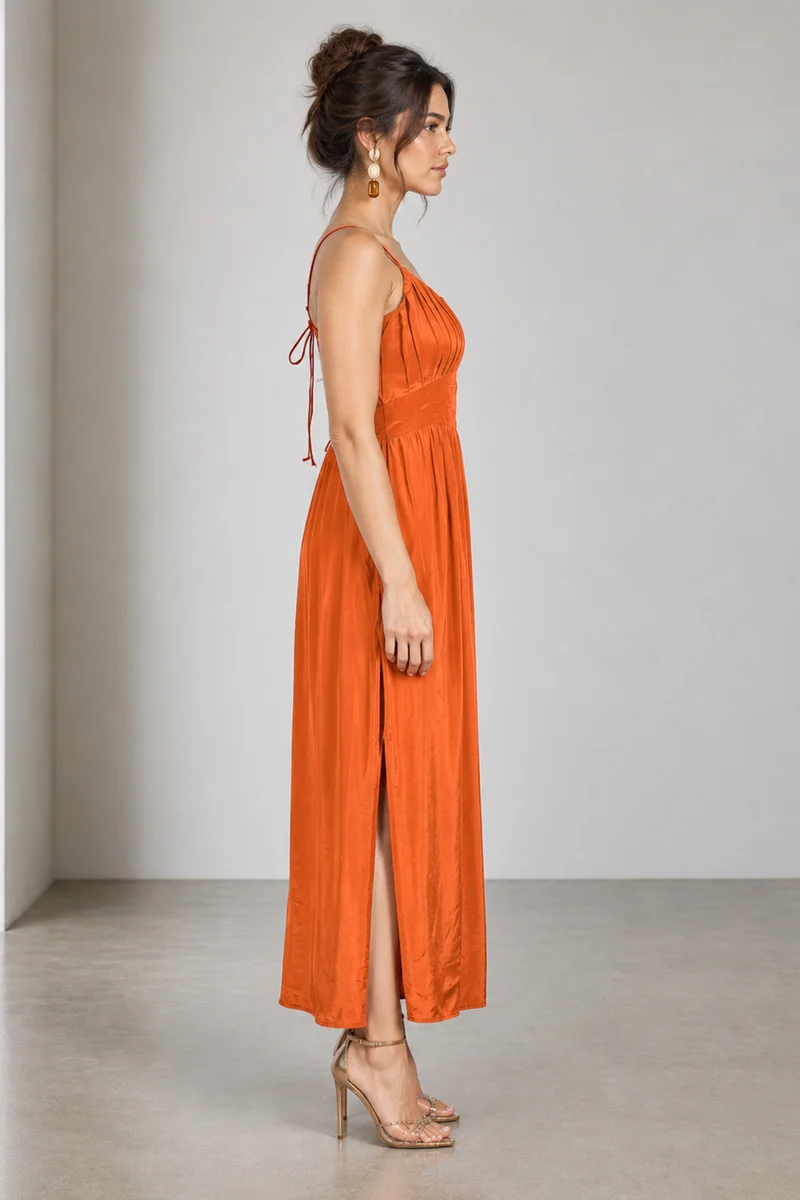 Nerelle|Viscose Ruched Strappy Midi Dress With Slit