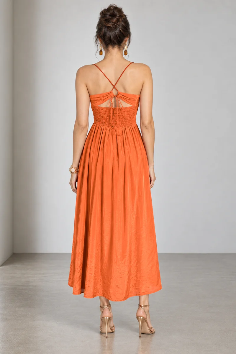 Nerelle|Viscose Ruched Strappy Midi Dress With Slit