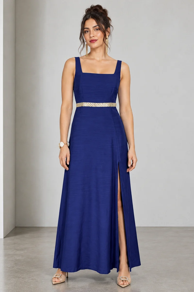 Olyne|Viscose Square Neck Lace Waist Maxi Dress