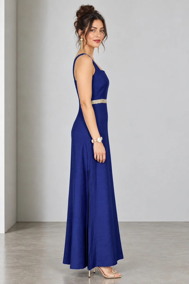 Olyne|Viscose Square Neck Lace Waist Maxi Dress