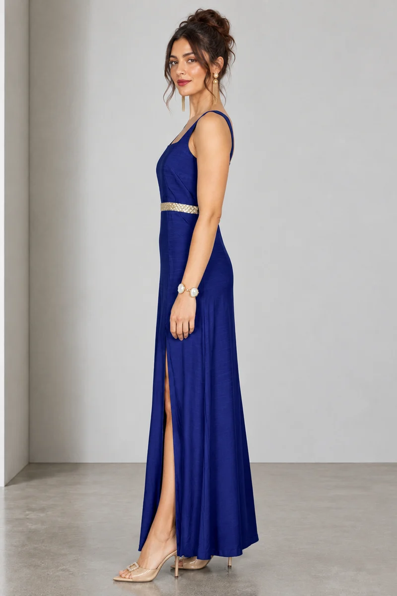 Olyne|Viscose Square Neck Lace Waist Maxi Dress
