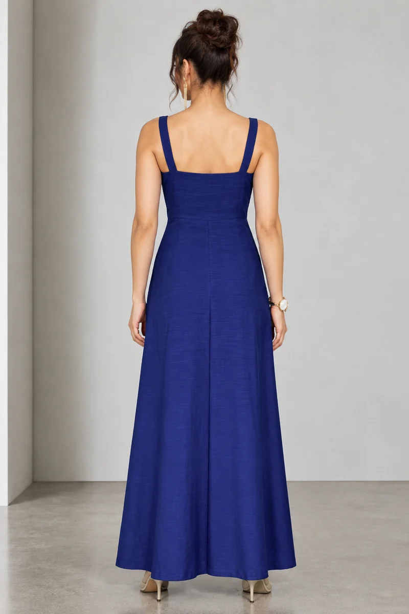 Olyne|Viscose Square Neck Lace Waist Maxi Dress