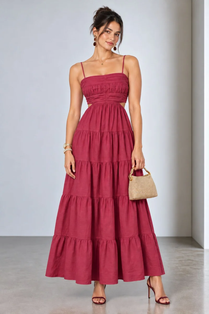 Cynara|Viscose Gathered Cutout Tiered Maxi Dress