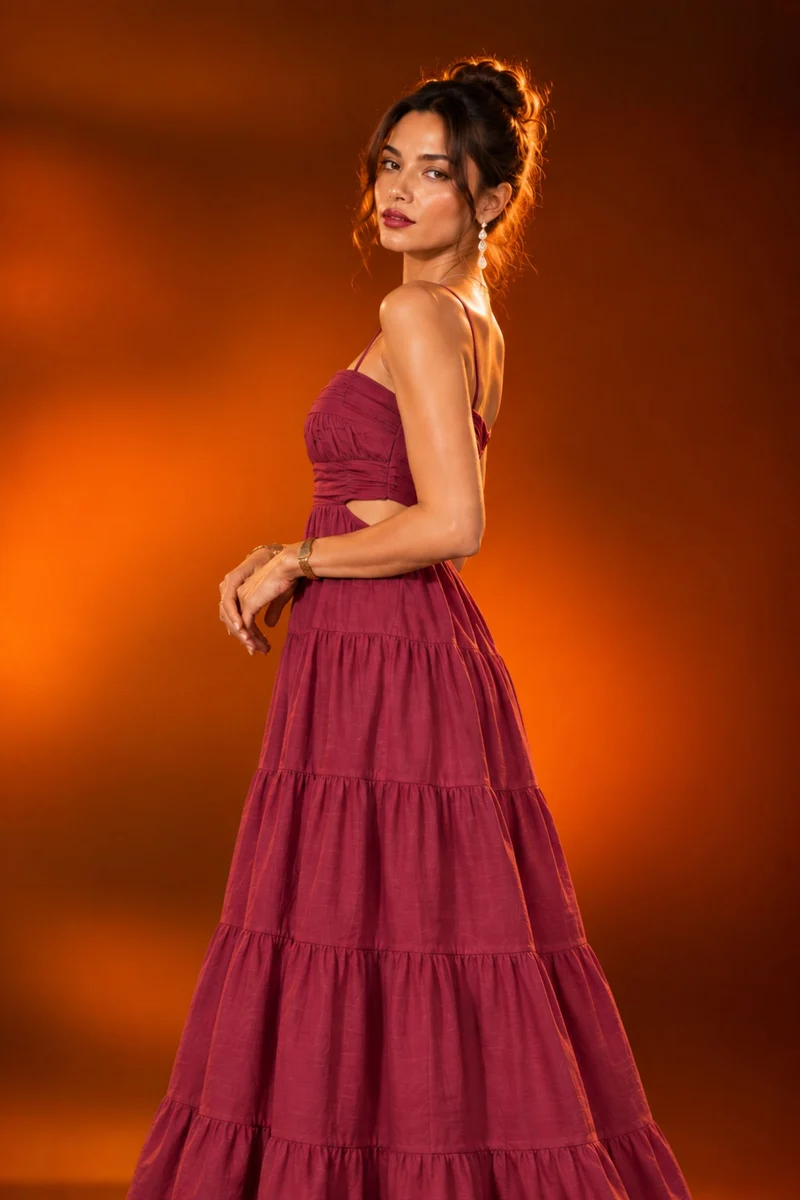 Cynara|Viscose Gathered Cutout Tiered Maxi Dress