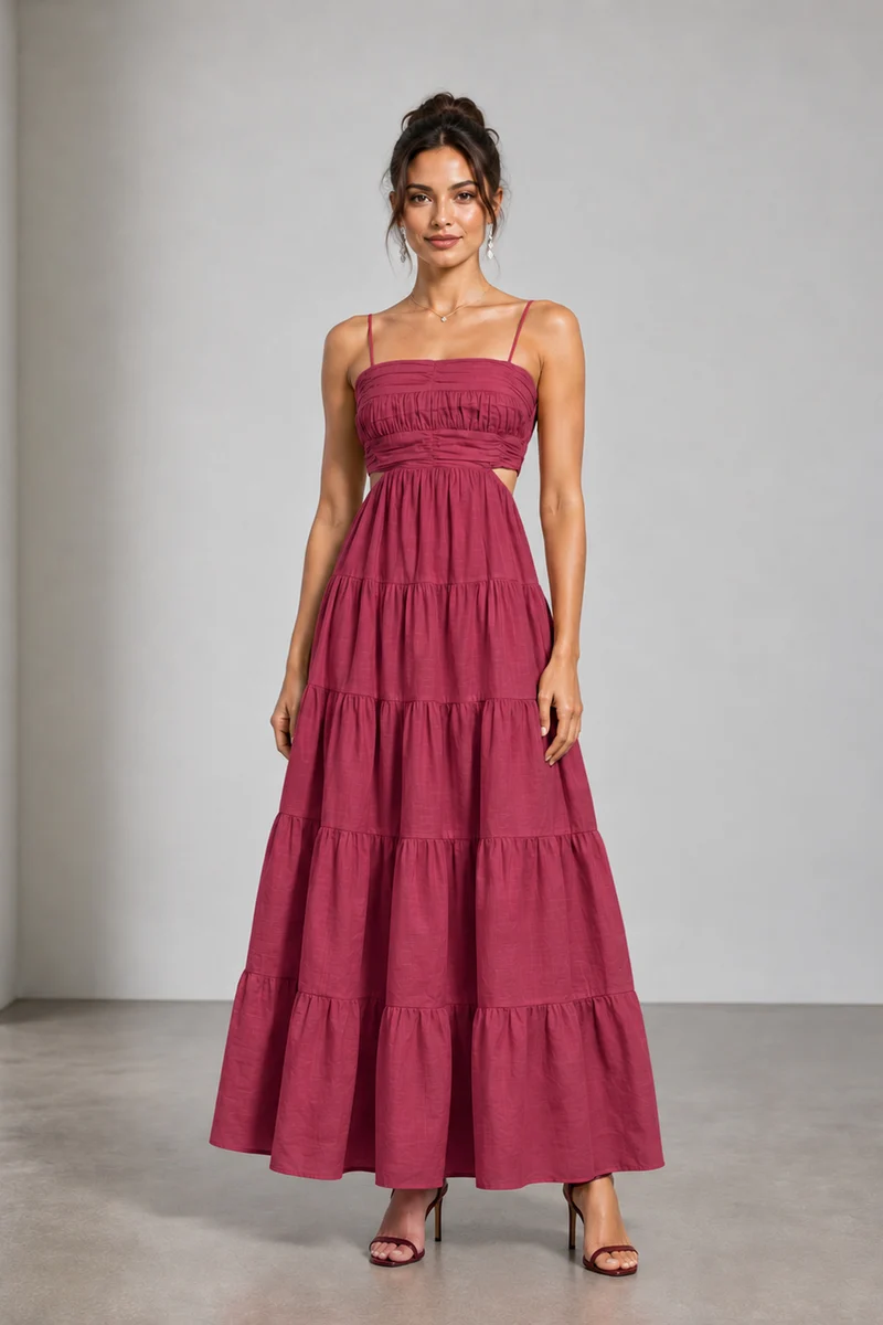 Cynara|Viscose Gathered Cutout Tiered Maxi Dress