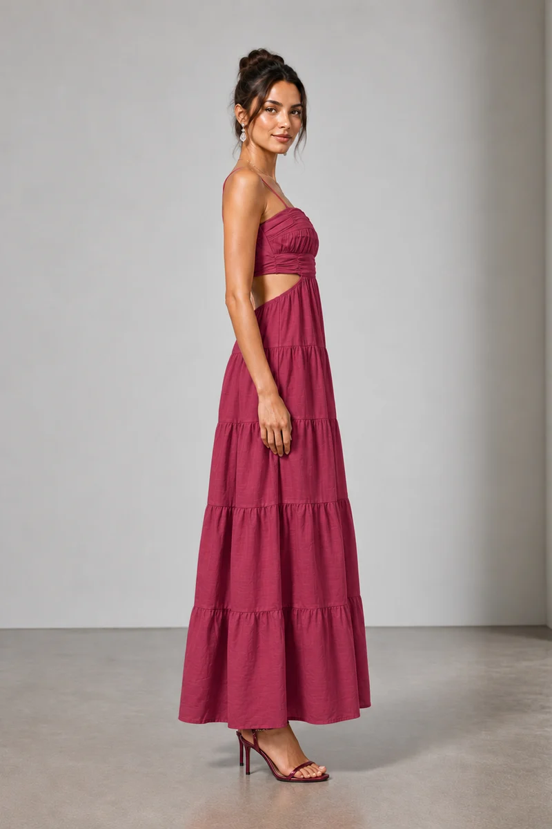 Cynara|Viscose Gathered Cutout Tiered Maxi Dress