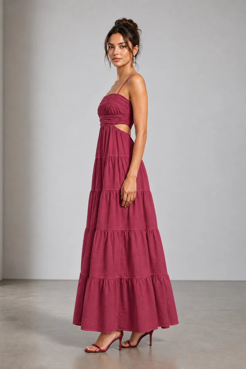 Cynara|Viscose Gathered Cutout Tiered Maxi Dress