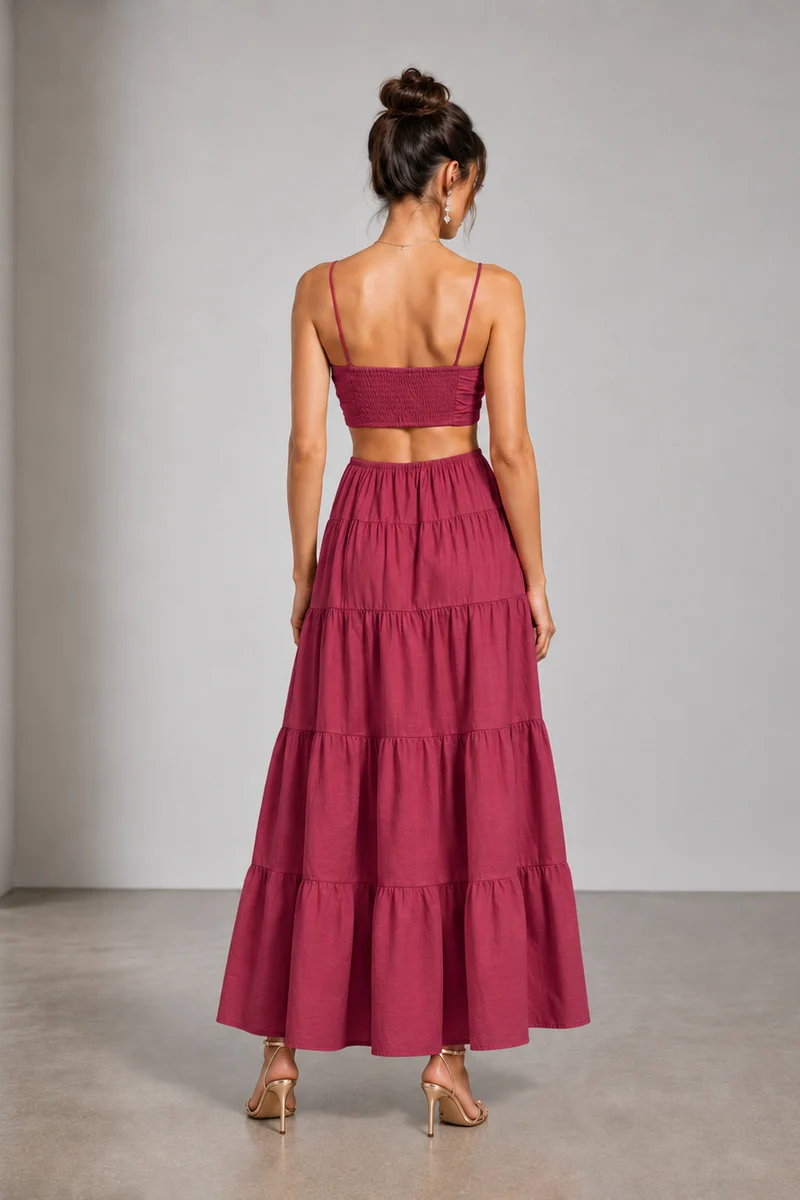 Cynara|Viscose Gathered Cutout Tiered Maxi Dress