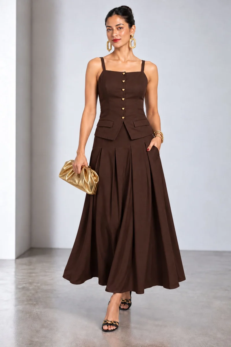 Bellune|Viscose Heart Button Peplum Waistcoat Top