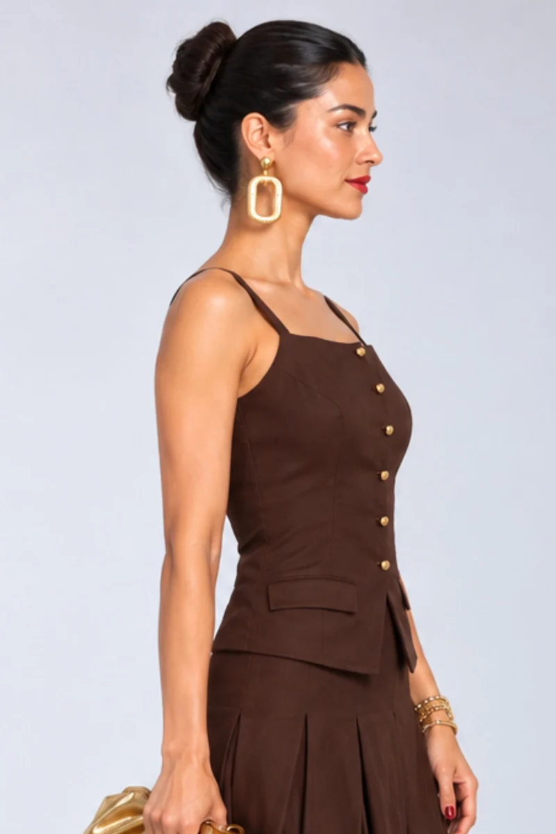 Bellune|Viscose Heart Button Peplum Waistcoat Top