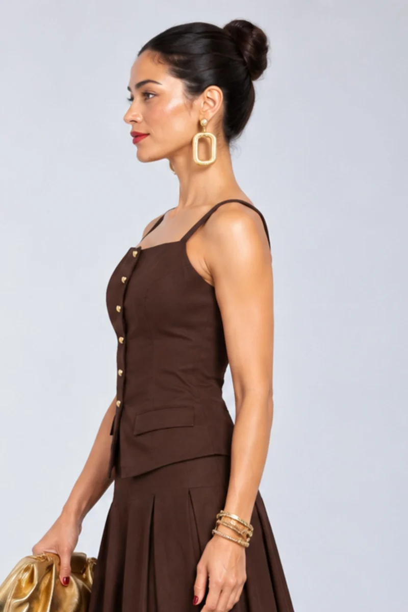 Bellune|Viscose Heart Button Peplum Waistcoat Top