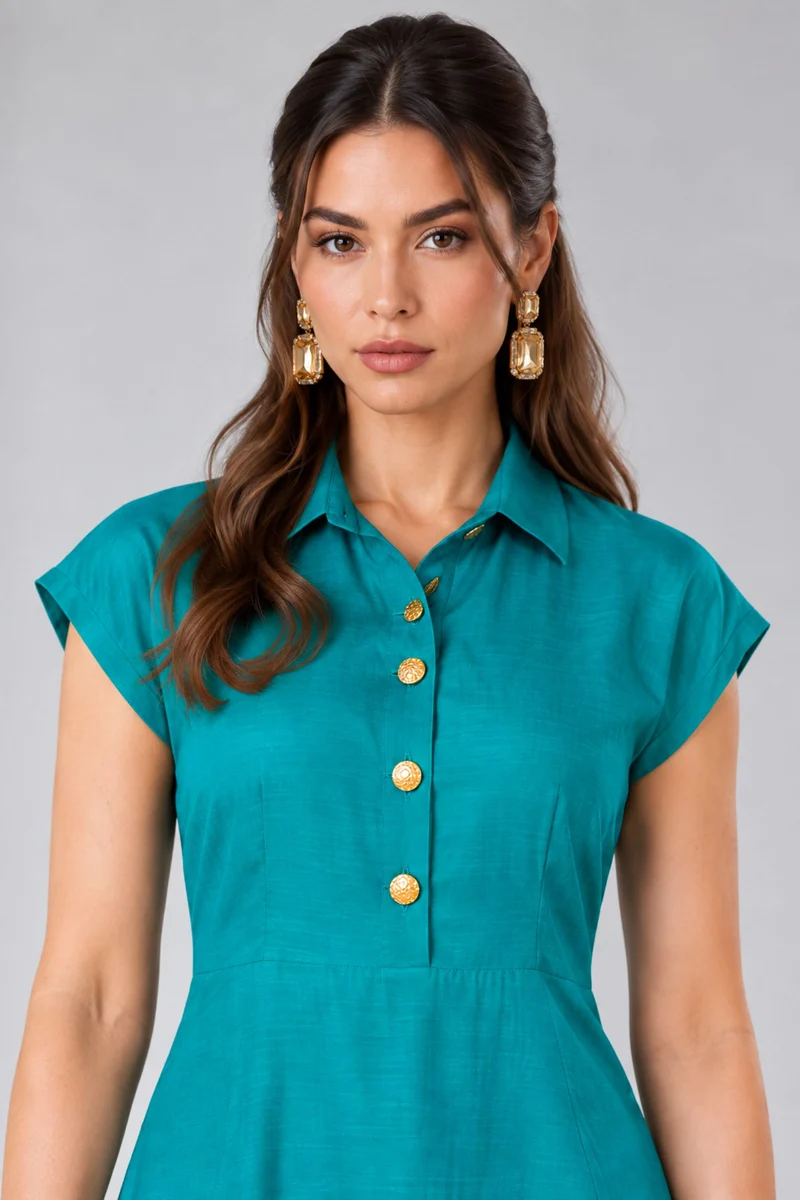 Zafra|Viscose Collared Fit Flare Mini Dress