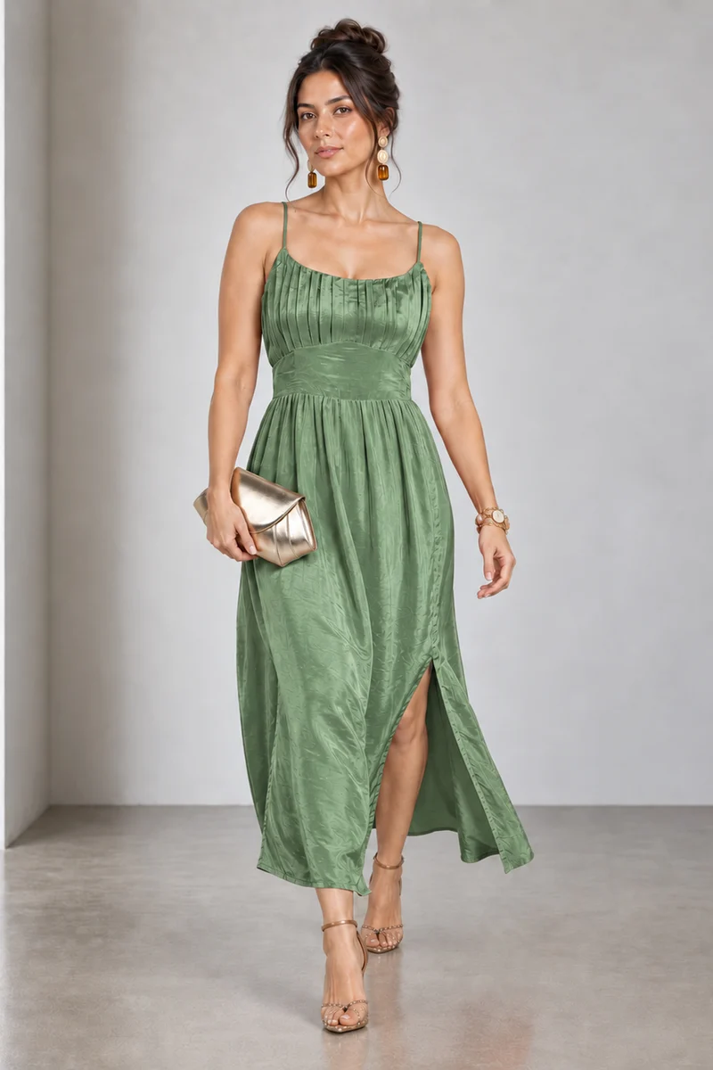 Nyssa|Viscose Ruched Strappy Midi Dress With Slit