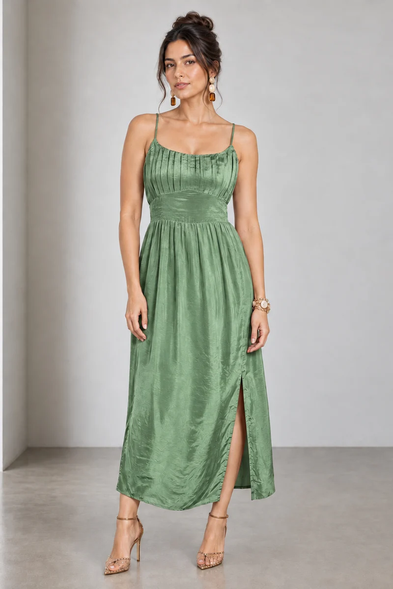 Nyssa|Viscose Ruched Strappy Midi Dress With Slit