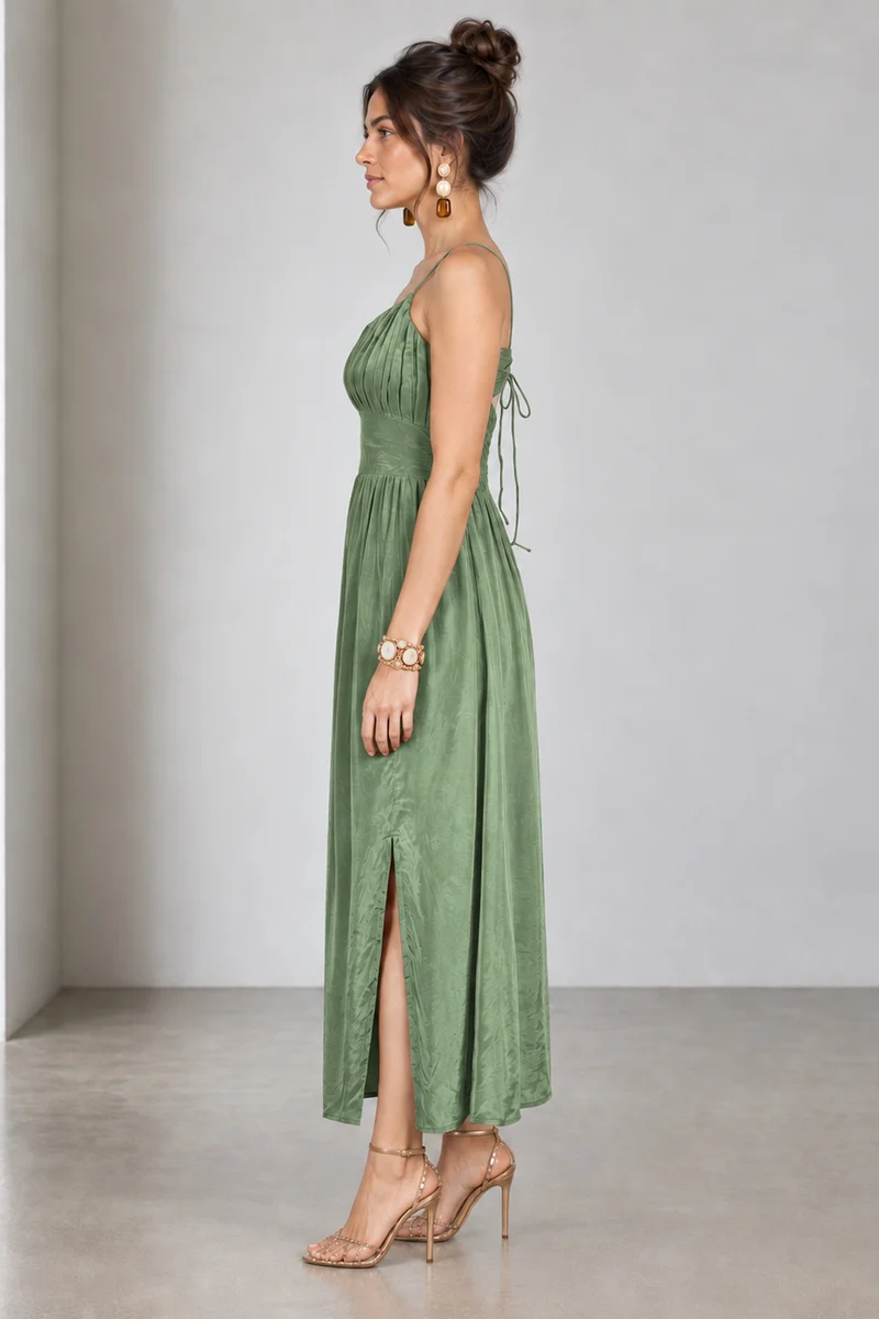 Nyssa|Viscose Ruched Strappy Midi Dress With Slit