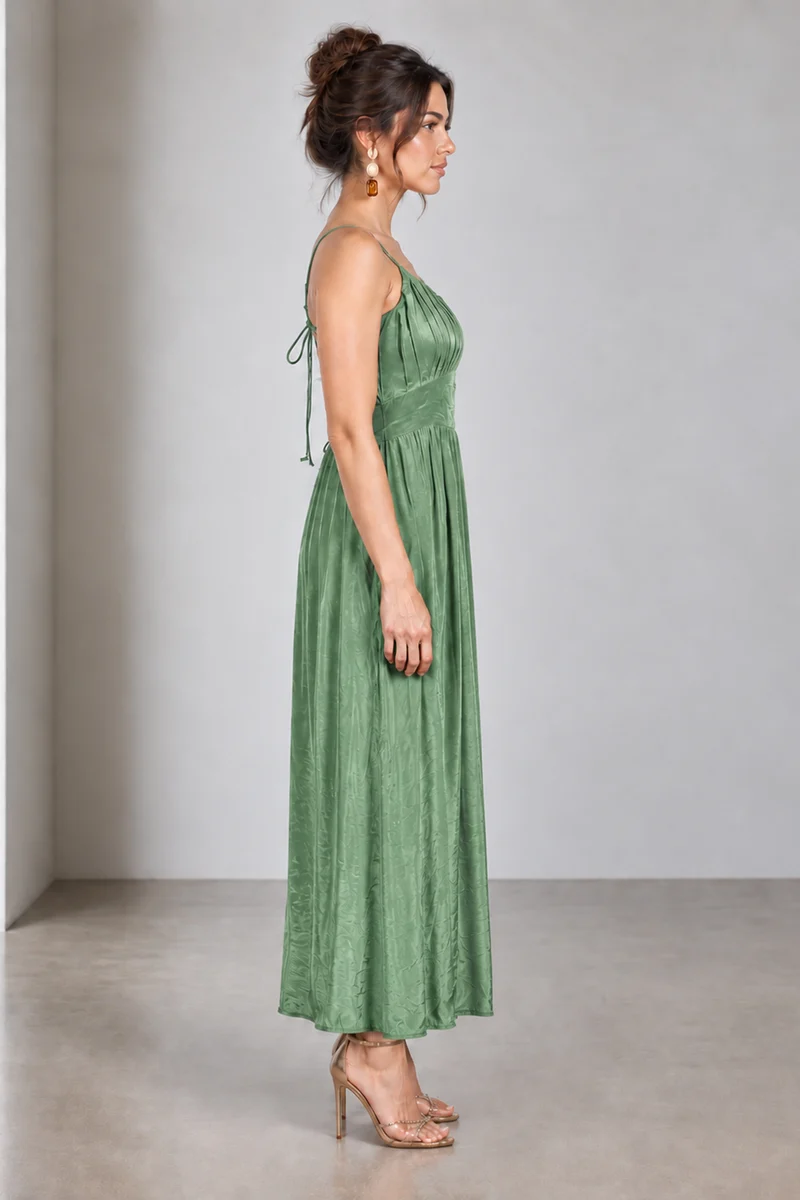 Nyssa|Viscose Ruched Strappy Midi Dress With Slit