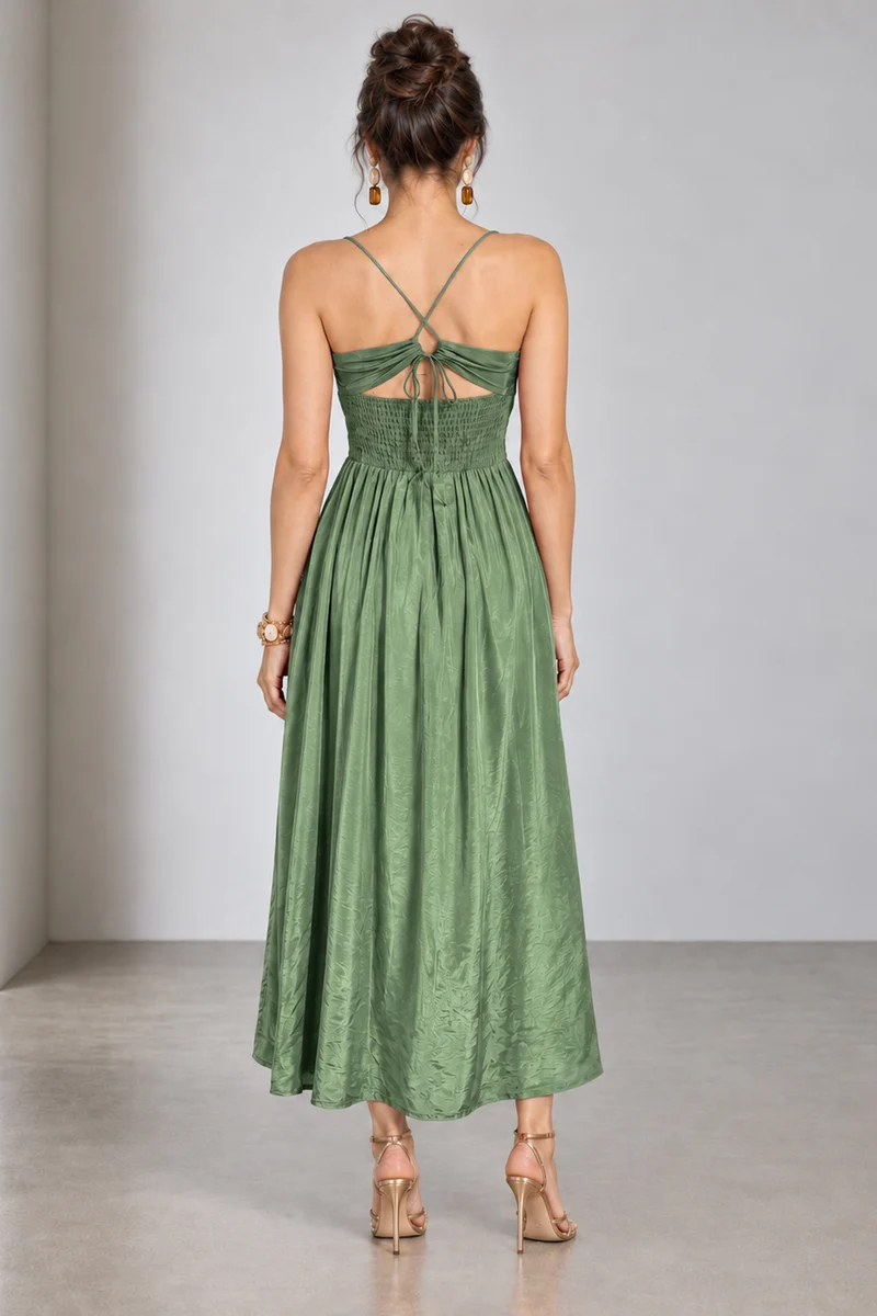 Nyssa|Viscose Ruched Strappy Midi Dress With Slit