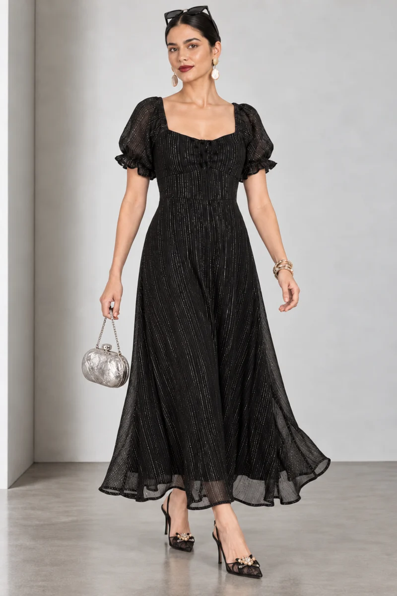 Ambrin|Viscose Sweetheart Neck Midi Dress