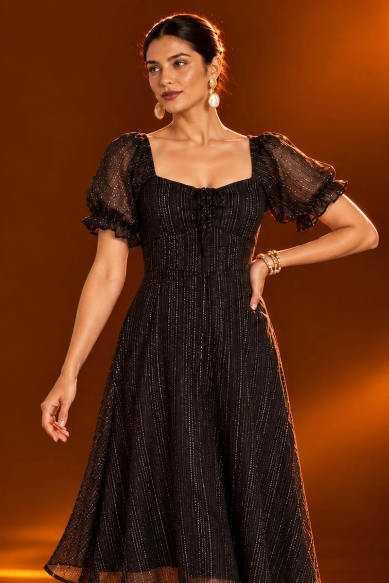 Ambrin|Viscose Sweetheart Neck Midi Dress