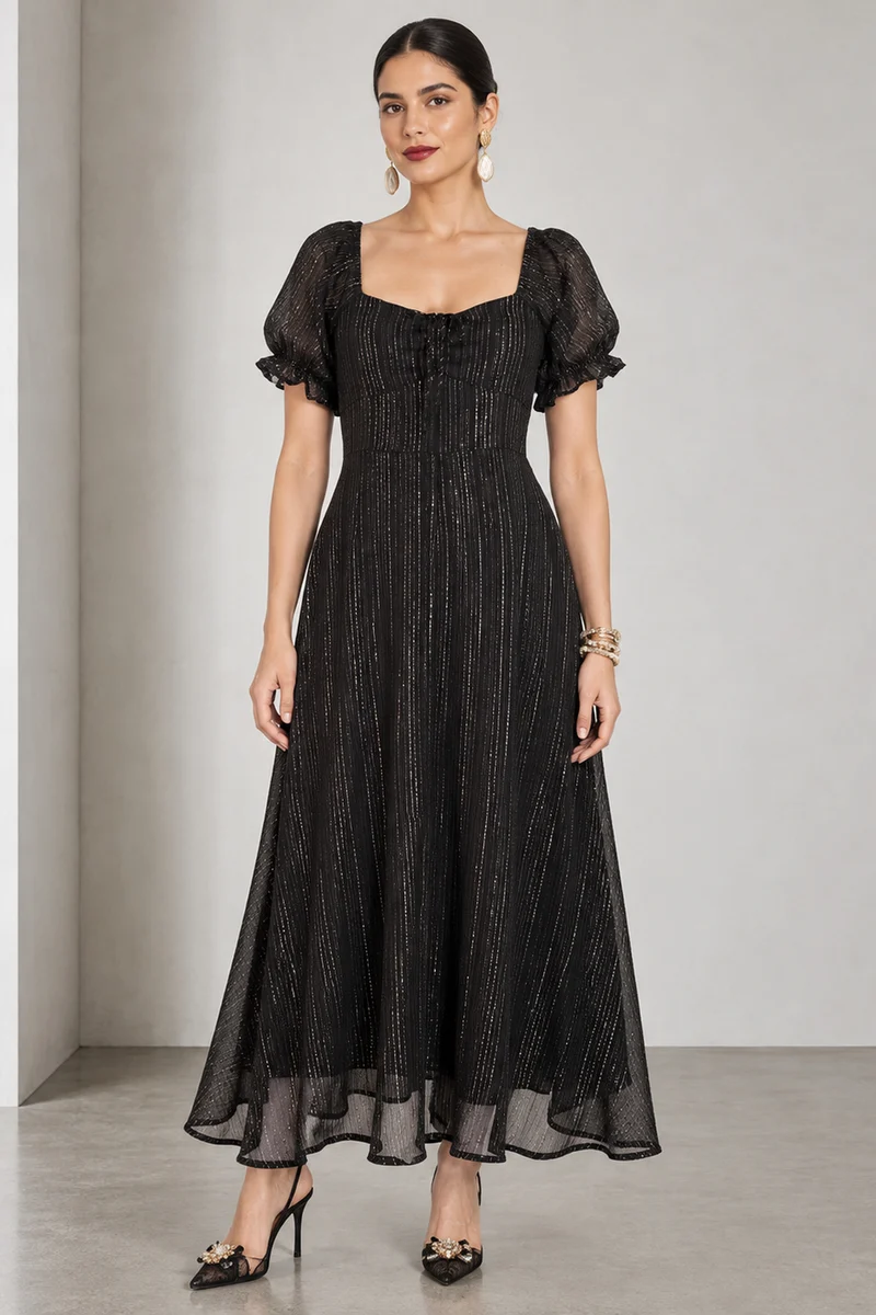 Ambrin|Viscose Sweetheart Neck Midi Dress