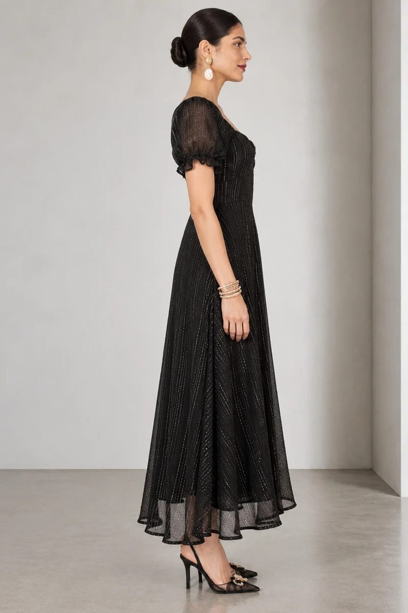Ambrin|Viscose Sweetheart Neck Midi Dress