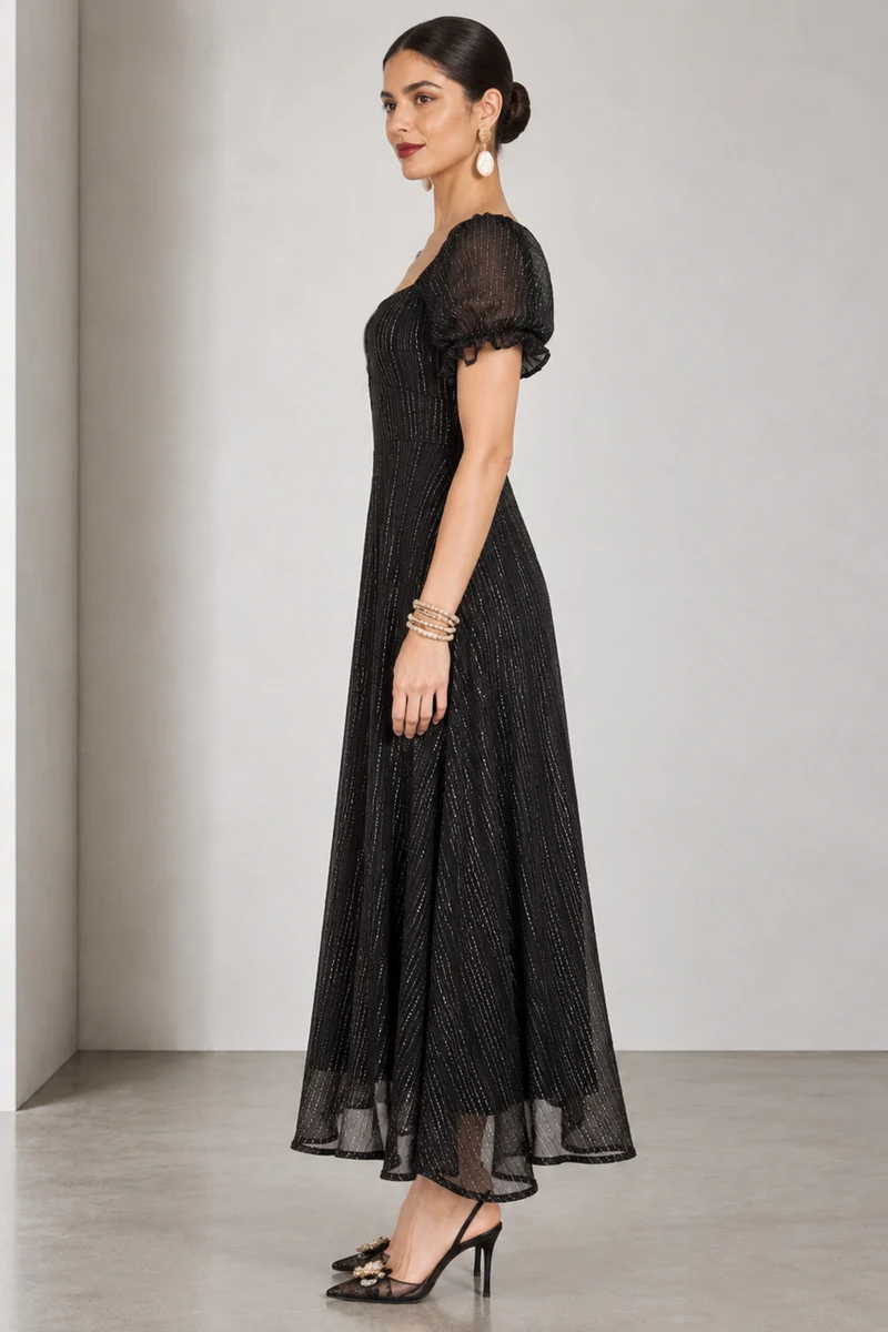 Ambrin|Viscose Sweetheart Neck Midi Dress