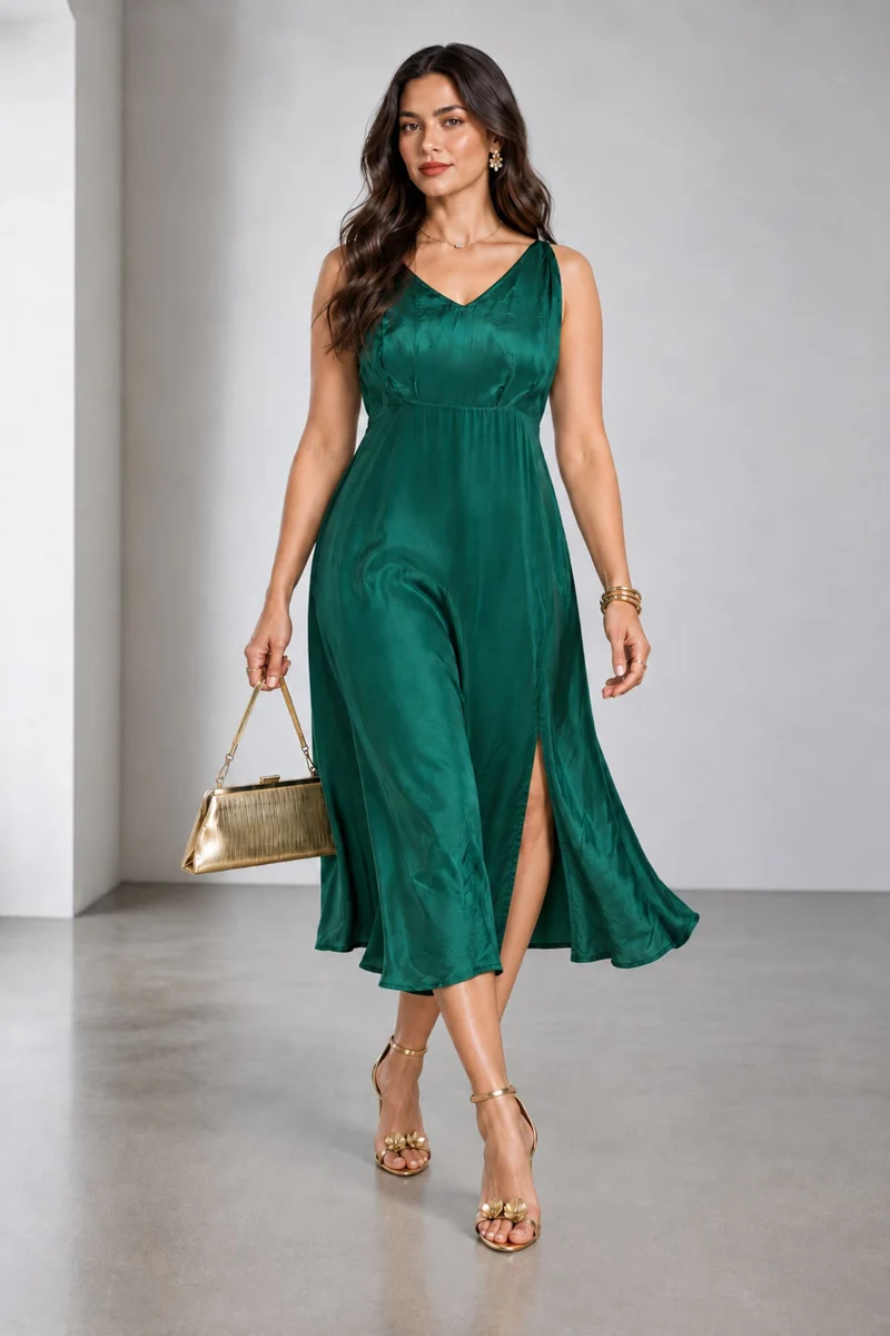 Azira|Viscose Beaded Back Detail Midi Dress