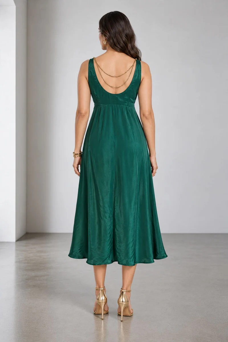Azira|Viscose Beaded Back Detail Midi Dress