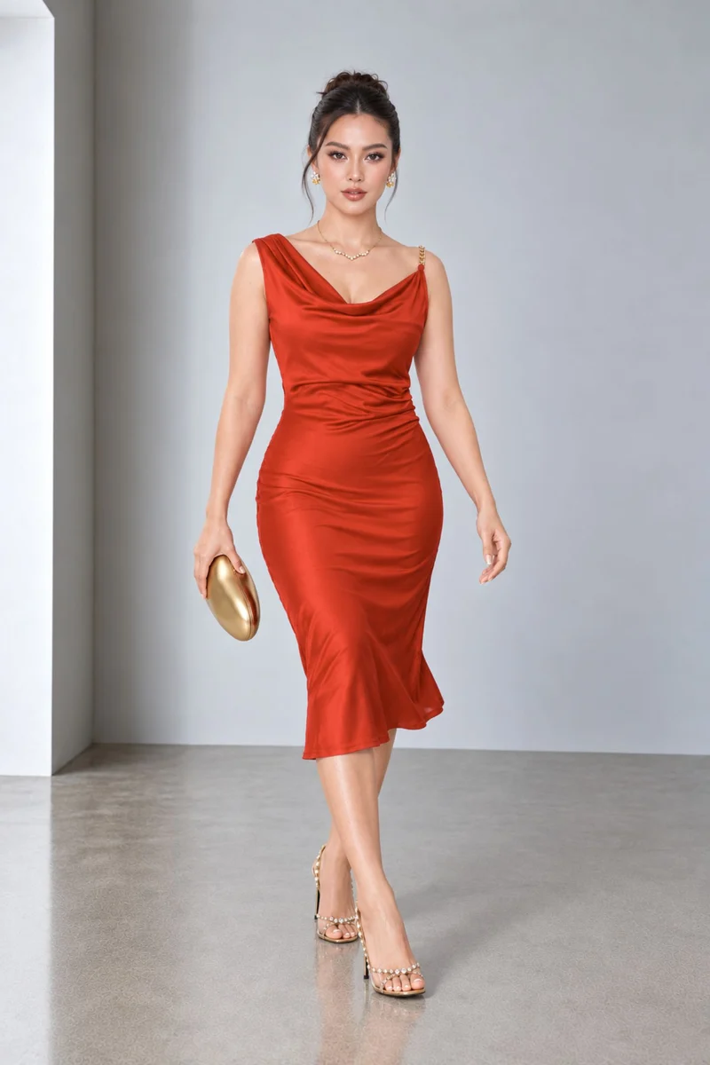 Nimora|Viscose Asymmetric Cowl Neck Midi Dress