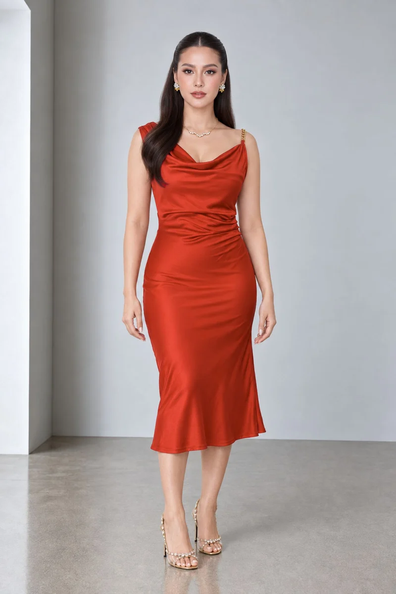Nimora|Viscose Asymmetric Cowl Neck Midi Dress