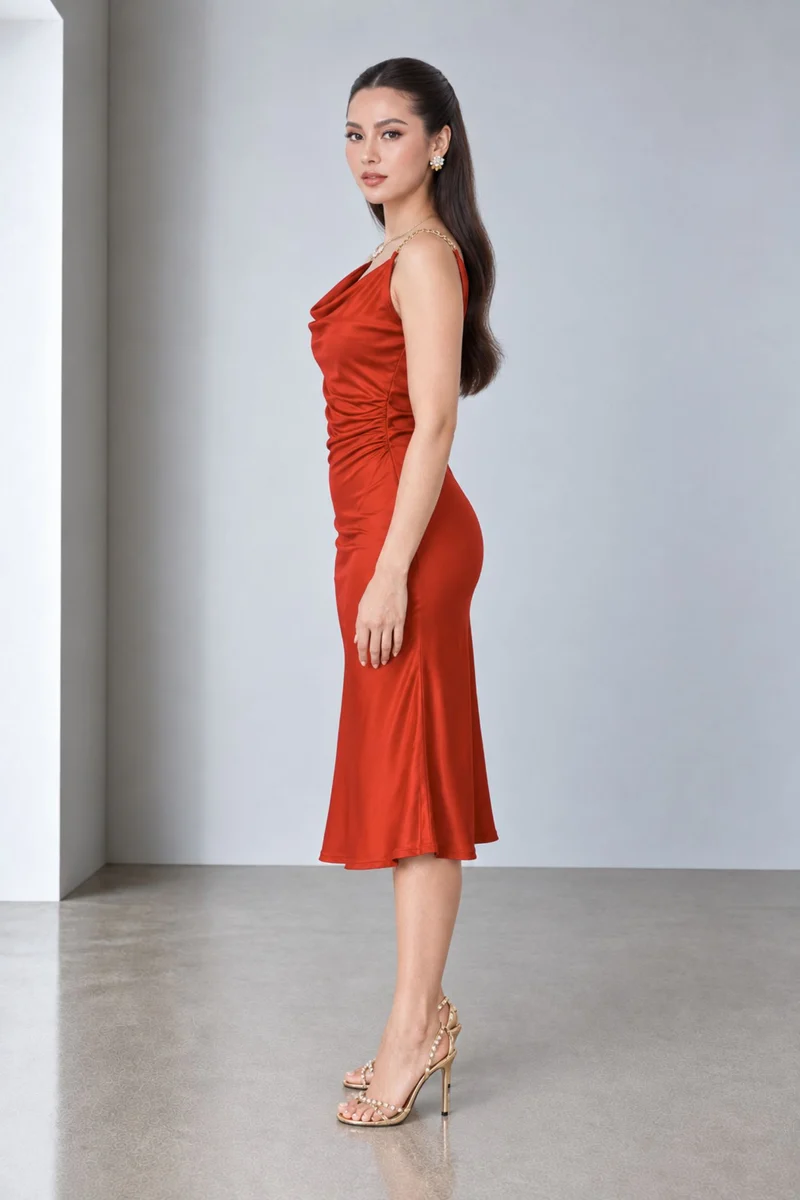 Nimora|Viscose Asymmetric Cowl Neck Midi Dress