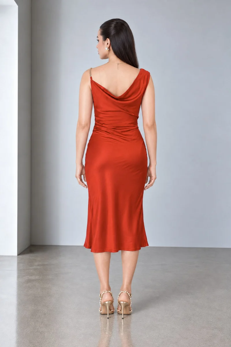 Nimora|Viscose Asymmetric Cowl Neck Midi Dress